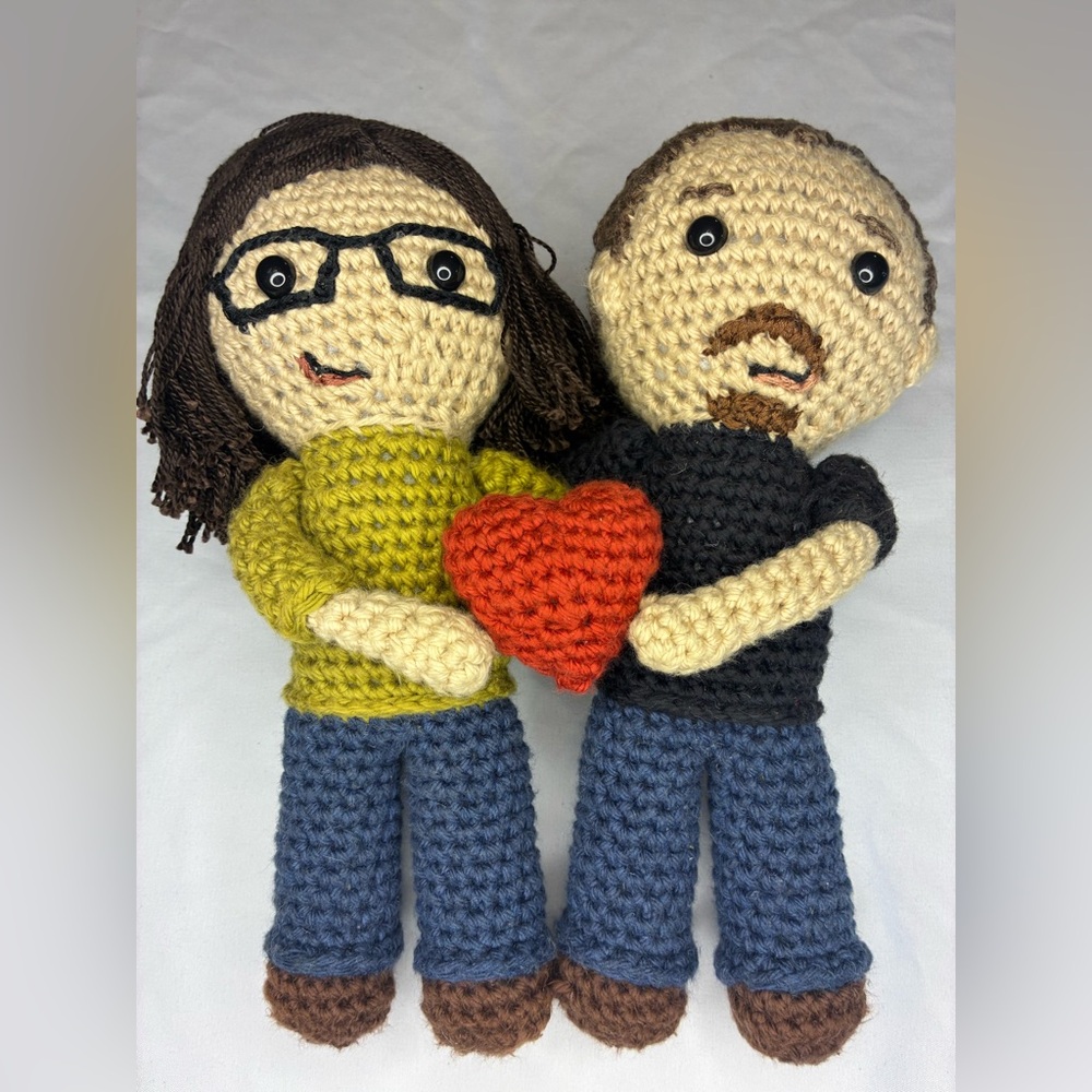 Handmade Crochet Couple Holding Red Heart Plush Dolls